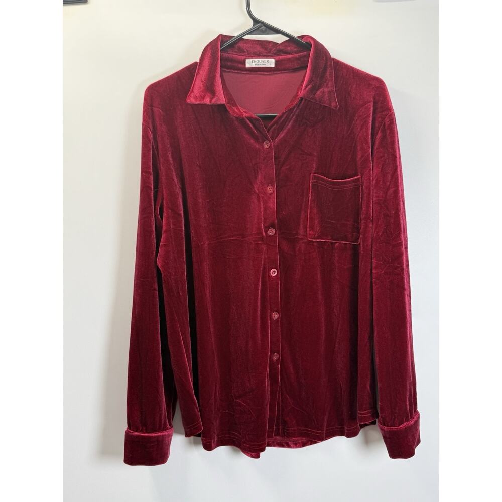 Ekouaer Velvet Button Up Shirt Red L Soft Lounge Holiday Top Womens